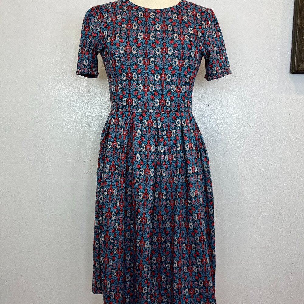 NWOT LulaRoe Amelia Blue Red Black Jacquard Dress Size L